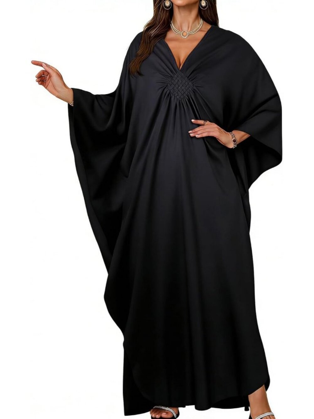 Women Black Polyester Plus Size V Neck Printed Batwing Sleeves Kaftan Coverup
